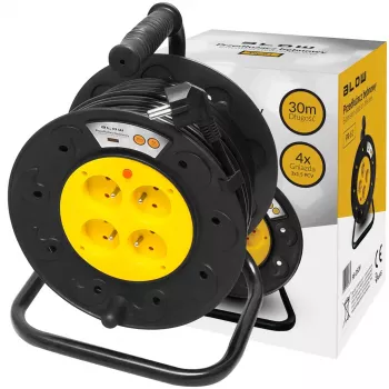 BLO PR-61 Alargador enrollable de 30m con 4 tomas Schuko, protección térmica, cable 3x1,5mm² H05VV-F, IP20, 16A/230V, máx. 3680W desenrollado