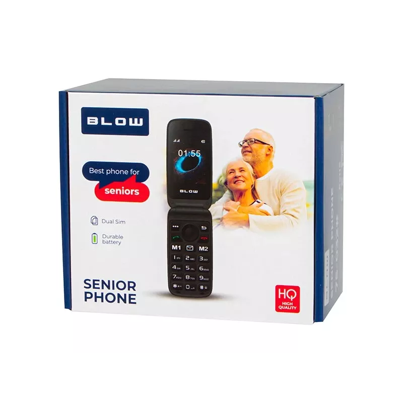 BLOW S24 teléfono móvil plegable para mayores negro con botón SOS, teclas grandes, Dual-SIM, cámara, radio FM, linterna, base de carga