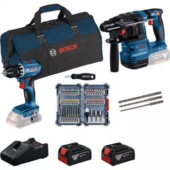 Bosch 18V Professional Set Martillo perforador GBH 18V-22 + Taladro atornillador GSR 18V-45 - (azul/negro, 2x batería Li-Ion 4.0Ah, broca para martillo y juego de puntas, bolsa de herramientas) (0615V0003D)