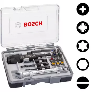 Juego de 20 puntas de destornillador Bosch 2607002786 con portapuntas universal magnético, puntas S2 de 25 mm para Phillips, Pozidriv, ranurada, Torx, Hex
