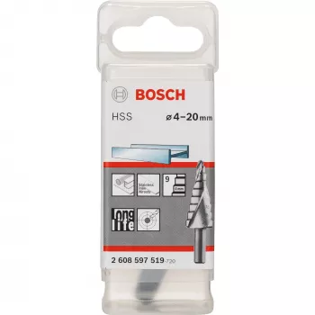 Bosch Broca escalonada HSS 4-20 mm, vástago de 3 caras, 70,5 mm de longitud 2608597519