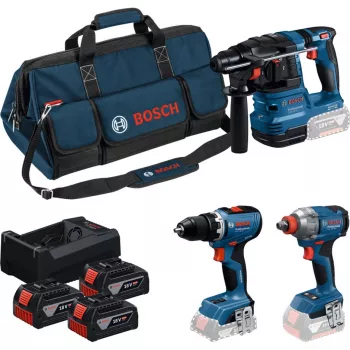 BOSCH Power Tools 18V Professional combo: martillo perforador GBH 18V-22 + taladro atornillador GSR 18V-65 + llave de impacto GDX 18V-285 (azul/negro, 3x baterías de Li-Ion 5,0 Ah, bolsa de herramientas)