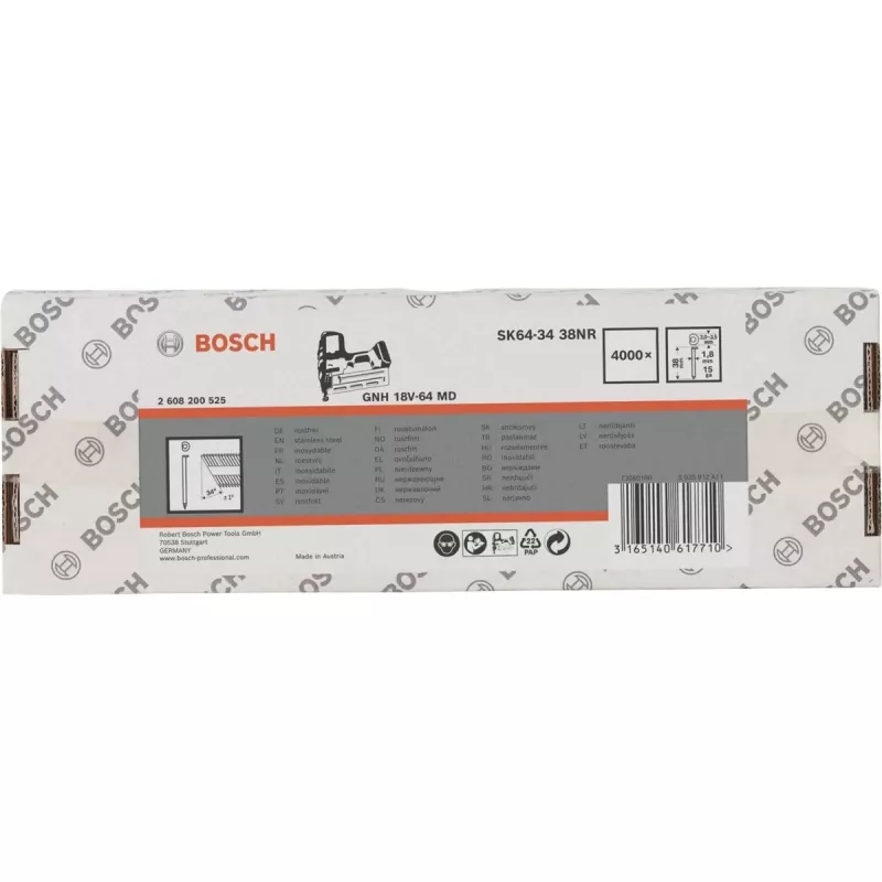 Clavos de acabado cabeza avellanada BOSCH POWERTOOLS SK64-34 38NR, 34° / 1,8 mm / 15 ga (acero inoxidable, 4000 uds.)