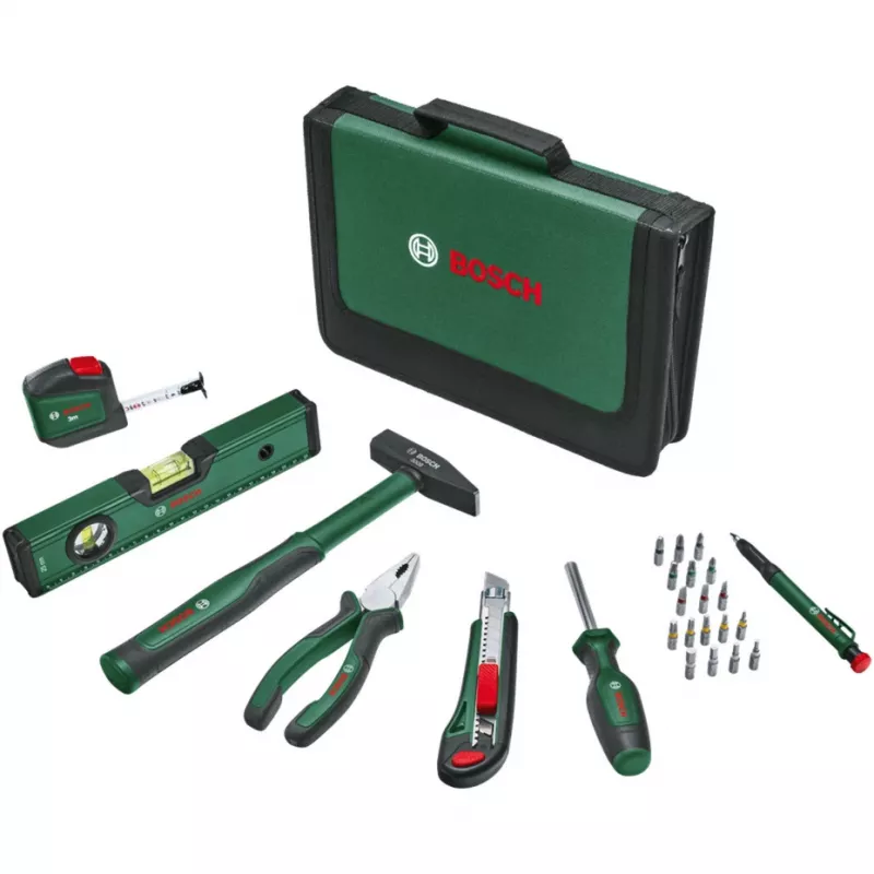 BOSCH Powertools set universal de herramientas manuales, 25 piezas (verde, con bolsa de herramientas)