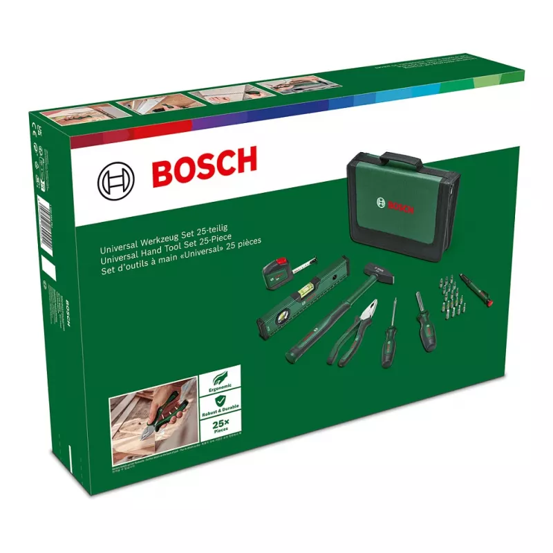 BOSCH Powertools set universal de herramientas manuales, 25 piezas (verde, con bolsa de herramientas)