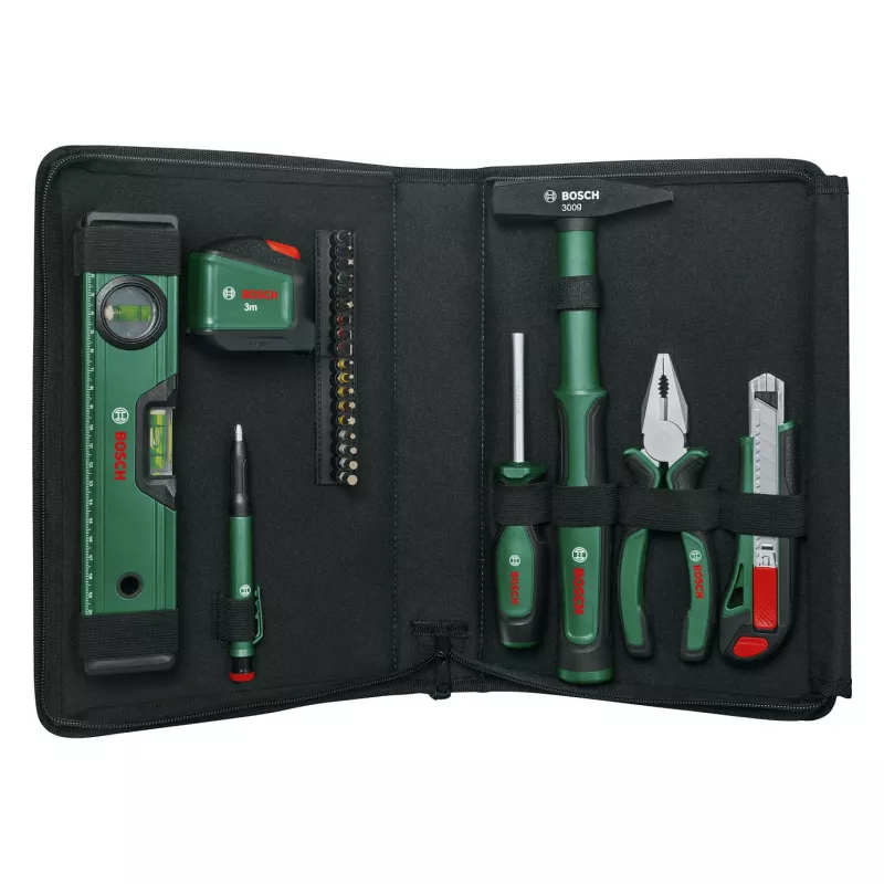 BOSCH Powertools set universal de herramientas manuales, 25 piezas (verde, con bolsa de herramientas)