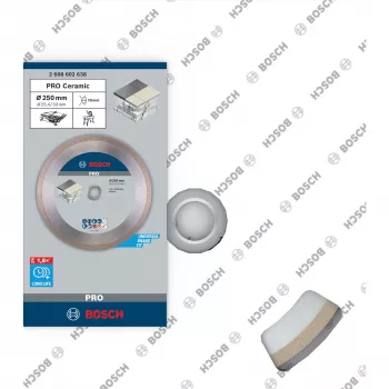 Bosch PRO disco de corte de diamante para cerámica, 250 mm de diámetro, 30 mm de taladro (con anillo reductor de 25,4 mm), borde continuo, corte húmedo/seco