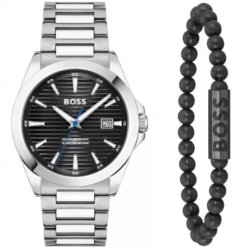 BOSS Reloj de hombre 1570180 41mm caja de acero inoxidable correa de piel negra analógico de cuarzo