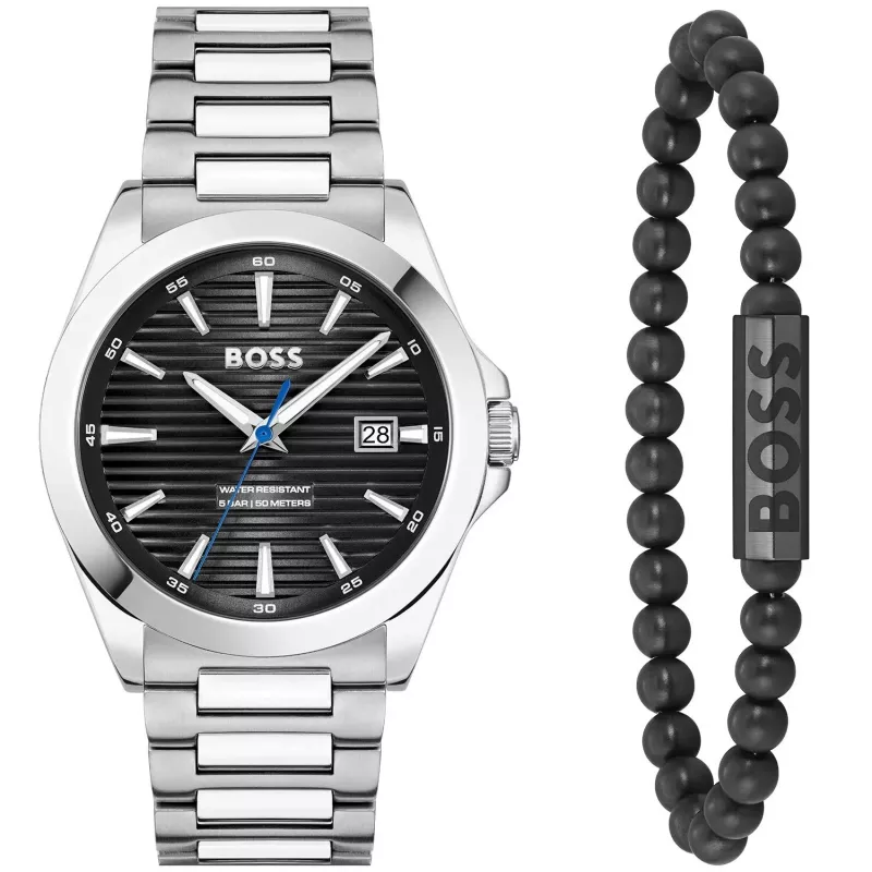 BOSS Reloj de hombre 1570180 41mm caja de acero inoxidable correa de piel negra analógico de cuarzo