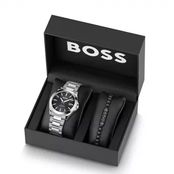 BOSS Reloj de hombre 1570180 41mm caja de acero inoxidable correa de piel negra analógico de cuarzo