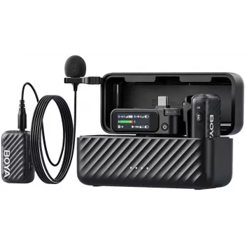 BOYA BOYAMIC 2-01 Sistema de micrófono inalámbrico y con cable 2,4 GHz, cancelación de ruido con IA con 2 receptores y 1 transmisor (USB-C) negro
