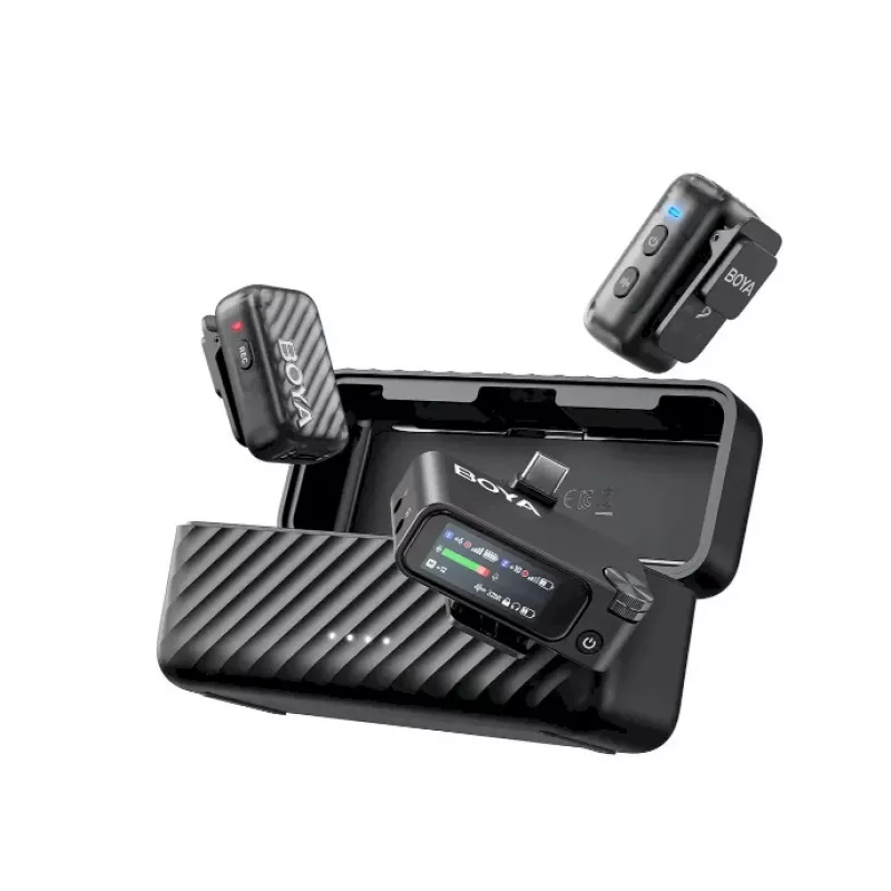 BOYA BOYAMIC 2-02 sistema de micrófono inalámbrico 2,4GHz, supresión de ruido con IA, 2 receptores + 1 transmisor (USB-C) negro