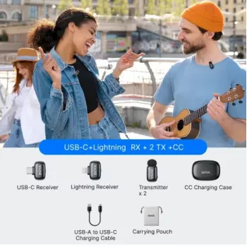 BOYA Mini 2-01 Sistema de micrófonos inalámbricos 2,4 GHz con 2 transmisores y 2 receptores (USB-C y Lightning) negro