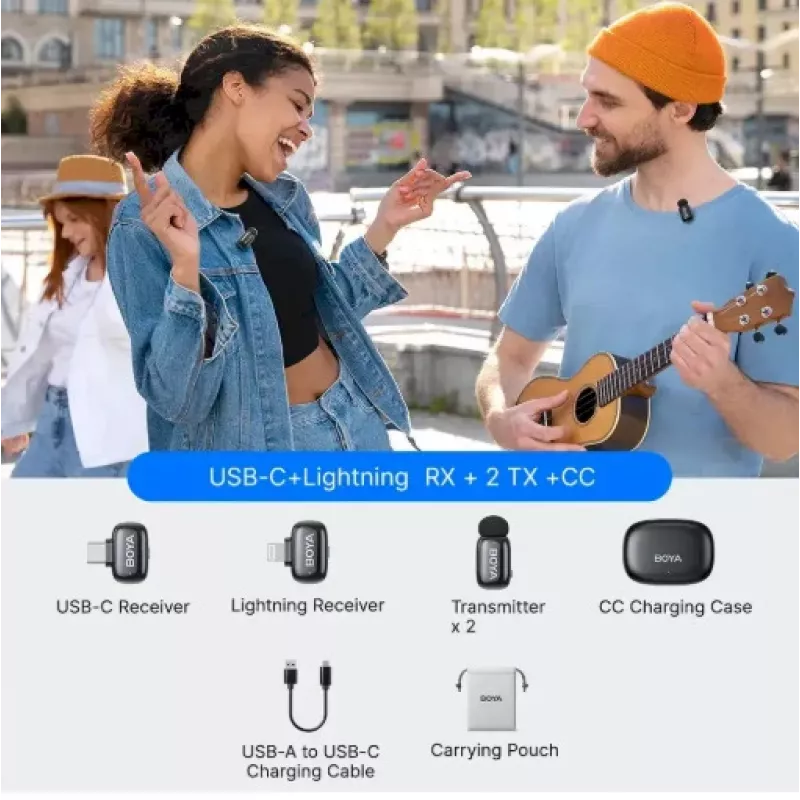BOYA Mini 2-01 Sistema de micrófonos inalámbricos 2,4 GHz con 2 transmisores y 2 receptores (USB-C y Lightning) negro