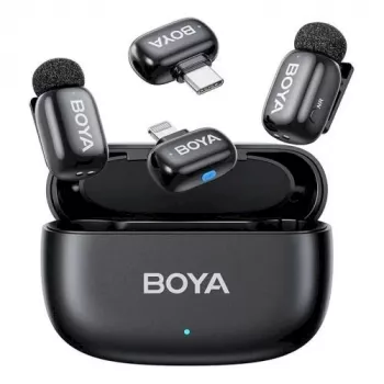 BOYA Mini 2-01 Sistema de micrófonos inalámbricos 2,4 GHz con 2 transmisores y 2 receptores (USB-C y Lightning) negro