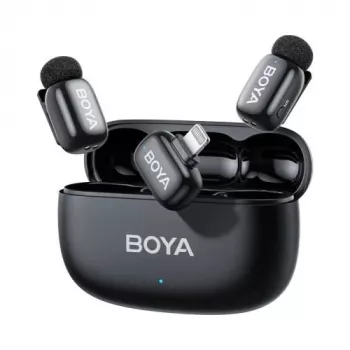 BOYA Mini 2-03 Sistema de micrófono inalámbrico 2,4 GHz, cancelación de ruido con IA, 2 transmisores + 1 receptor Lightning, negro