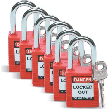 Brady set de candados de seguridad Lockout, cuerpo de nailon, arco de acero, llave diferente, rojo, pack de 6 (051339)