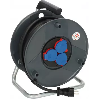 Brennenstuhl alargador enrollable 30m IP44 H07RN-F 3G2.5 con 3 tomas tipo E, protección térmica, cable azul, tambor negro