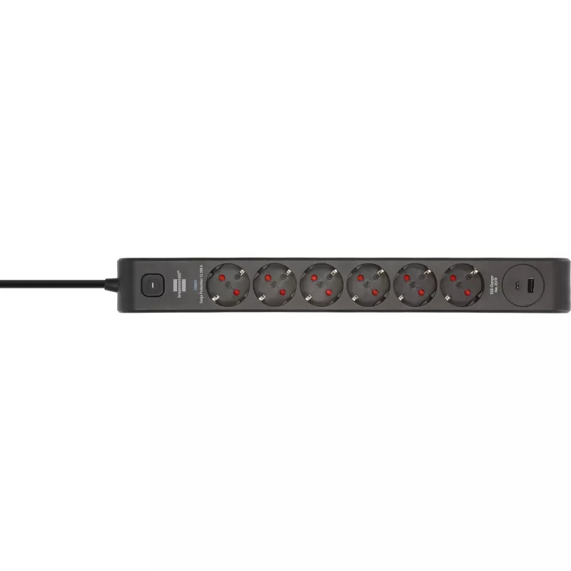 BRENNENSTUHL Regleta de 6 tomas con 1x USB-C, 1x USB-A, protección contra sobretensiones 13.500 A, cable de 2 m, negro/antracita