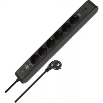 BRENNENSTUHL Regleta de 6 tomas con 1x USB-C, 1x USB-A, protección contra sobretensiones 13.500 A, cable de 2 m, negro/antracita