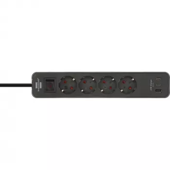 Brennenstuhl Ecolor regleta de enchufes 4 tomas con 2x USB-C, 1x USB-A, cable de 1,5 m, interruptor de seguridad, negro/antracita