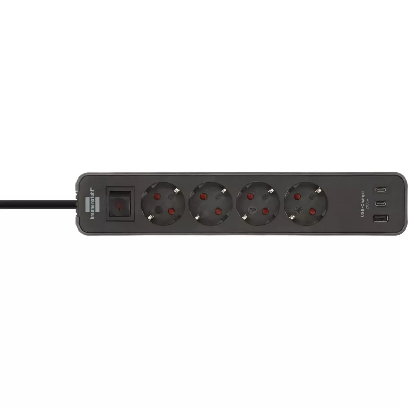 Brennenstuhl Ecolor regleta de enchufes 4 tomas con 2x USB-C, 1x USB-A, cable de 1,5 m, interruptor de seguridad, negro/antracita