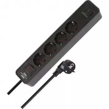 Brennenstuhl Ecolor regleta de enchufes 4 tomas con 2x USB-C, 1x USB-A, cable de 1,5 m, interruptor de seguridad, negro/antracita