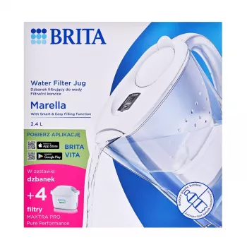 Brita Marella+ jarra filtrante con 4 cartuchos Maxtra Pro, 2,4 L, blanco
