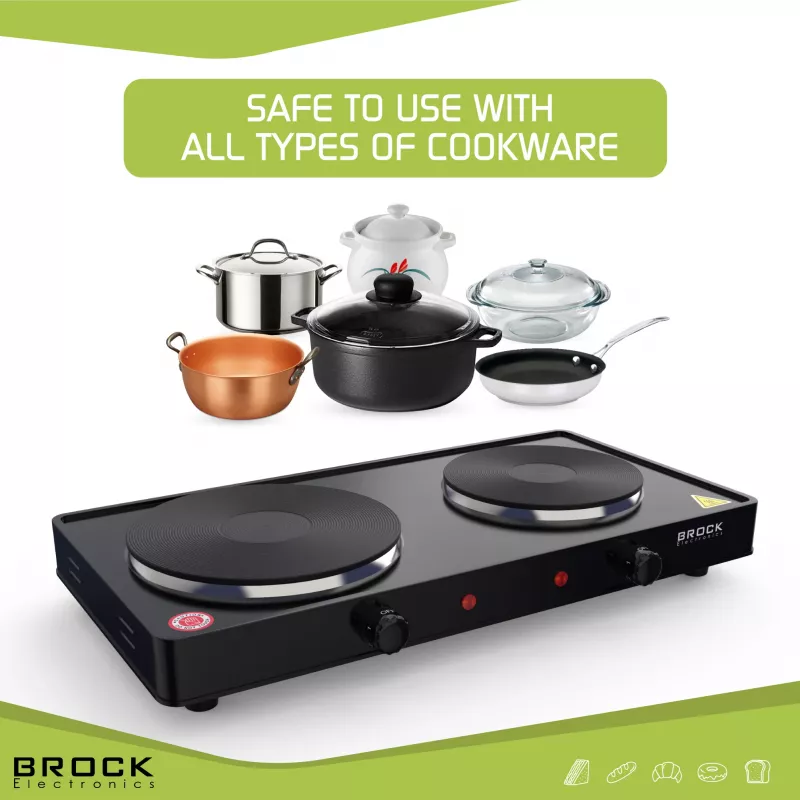 Brock EP 200 BK Placa eléctrica de dos fuegos, 2500 W, negro