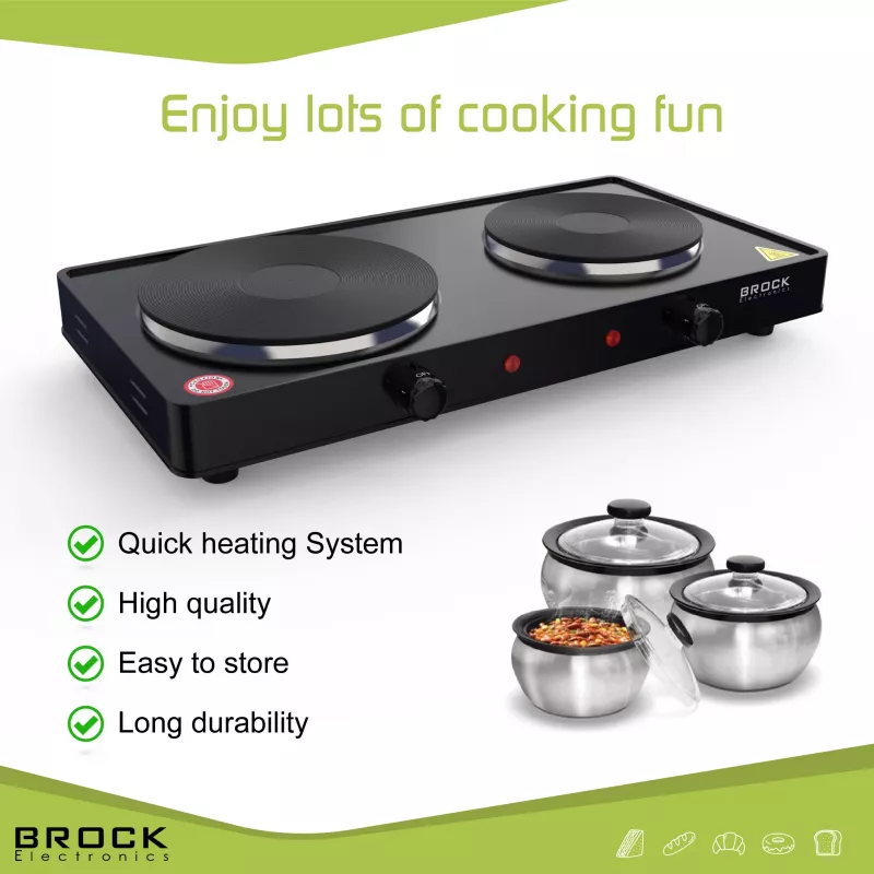 Brock EP 200 BK Placa eléctrica de dos fuegos, 2500 W, negro