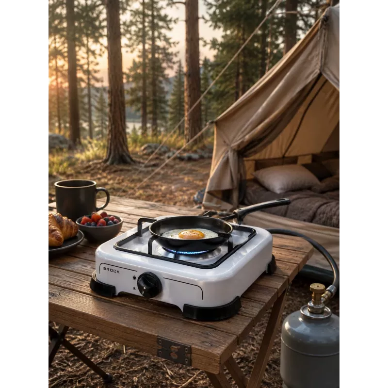 Brock GS 001 W Cocina de gas de un solo fuego, 1,5 kW, encendido manual, acero esmaltado, Blanco