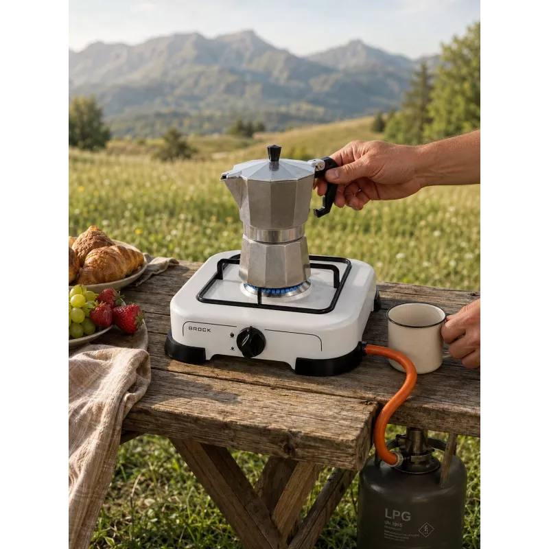 Brock GS 001 W Cocina de gas de un solo fuego, 1,5 kW, encendido manual, acero esmaltado, Blanco