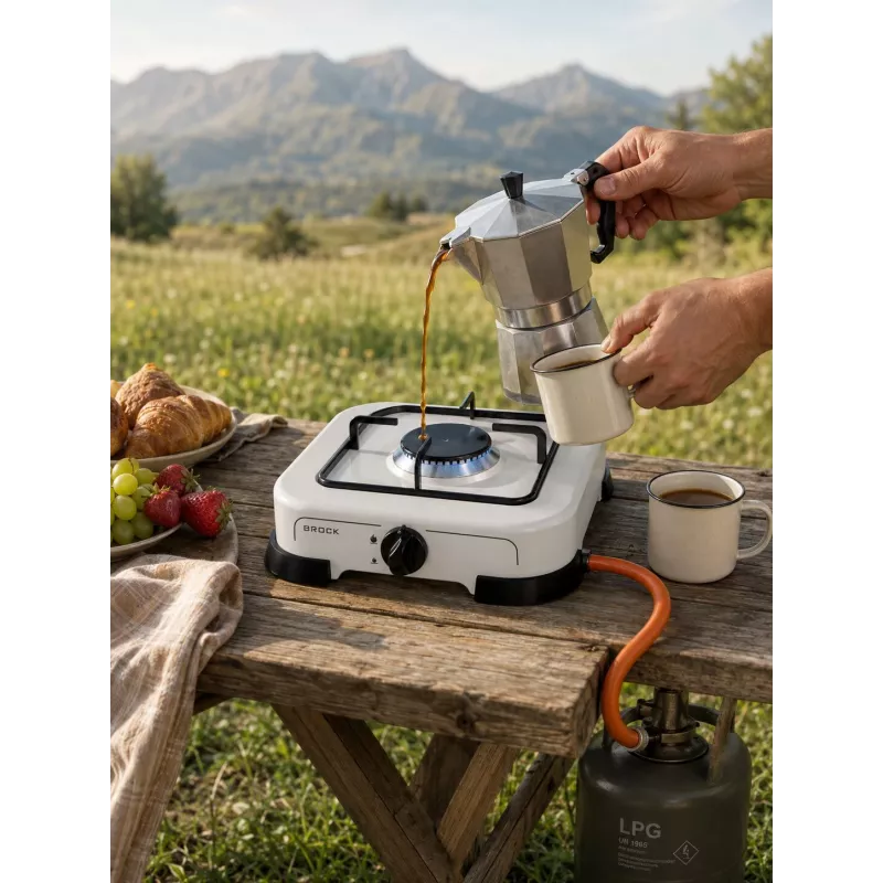Brock GS 001 W Cocina de gas de un solo fuego, 1,5 kW, encendido manual, acero esmaltado, Blanco