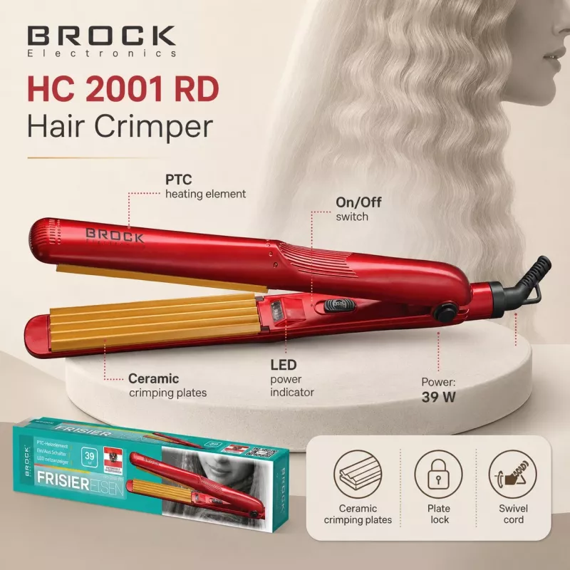 Crimper de pelo de cerámica Brock HC 2001 RD, 25 W, rojo