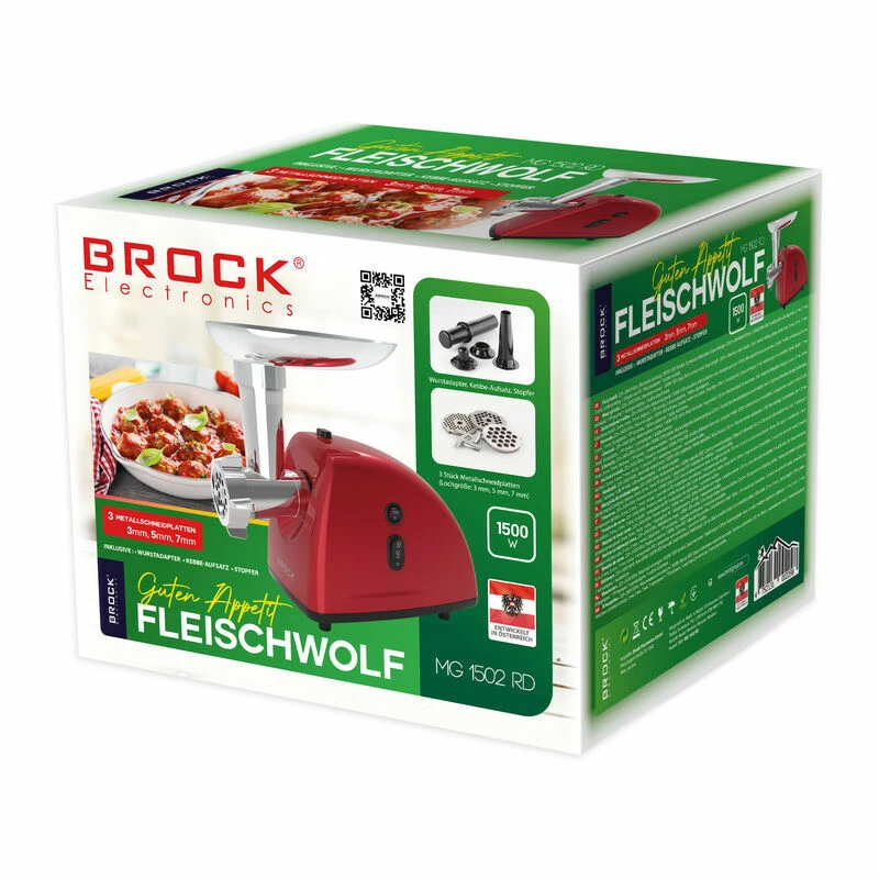 Brock MG 1502 RD Picadora de carne 1500W, Rojo/Acero