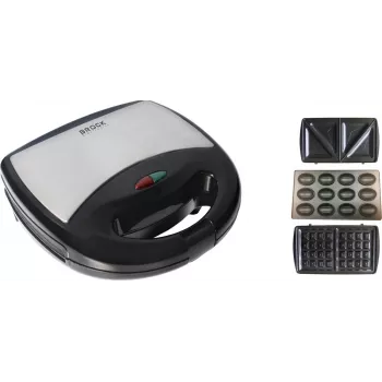 Brock SSM 2004 SS Máquina 3 en 1 para sándwiches, gofres y pastas de nuez, 750W, Negro/Acero inoxidable