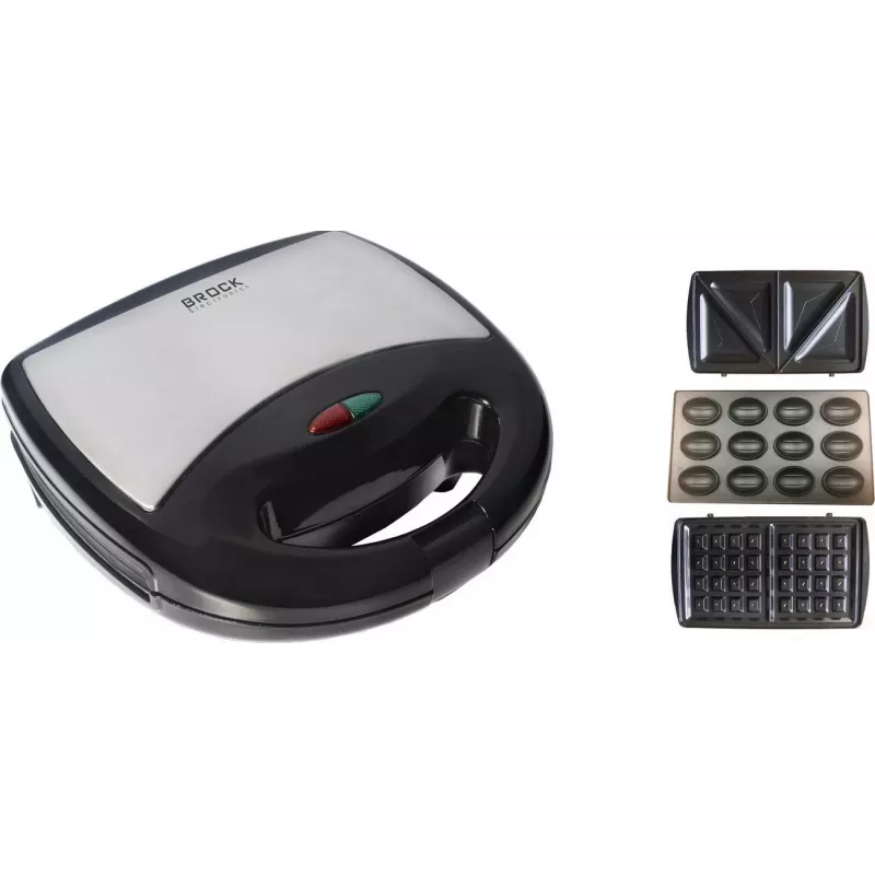 Brock SSM 2004 SS Máquina 3 en 1 para sándwiches, gofres y pastas de nuez, 750W, Negro/Acero inoxidable