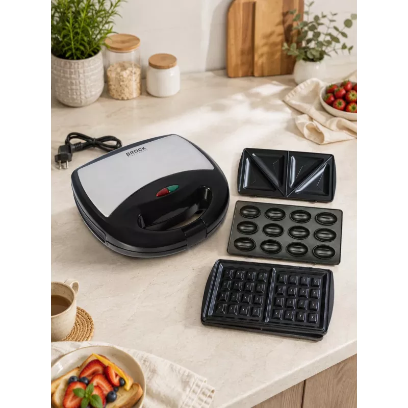 Brock SSM 2004 SS Máquina 3 en 1 para sándwiches, gofres y pastas de nuez, 750W, Negro/Acero inoxidable