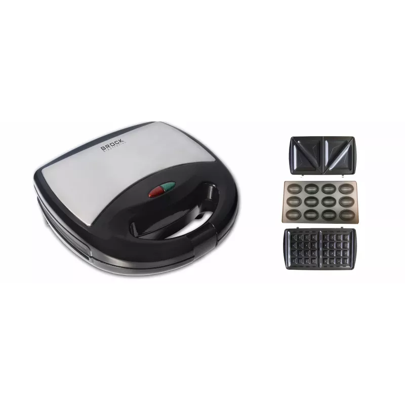 Brock SSM 2004 SS Máquina 3 en 1 para sándwiches, gofres y pastas de nuez, 750W, Negro/Acero inoxidable
