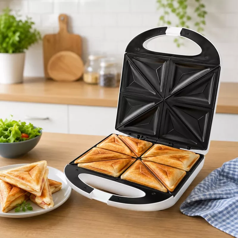 Brock SSM 3008 WH Sandwichera XXL de 8 bocadillos, 1400W, Placas triangulares antiadherentes, Mango frío, Cierre de seguridad, Almacenamiento vertical, Blanco