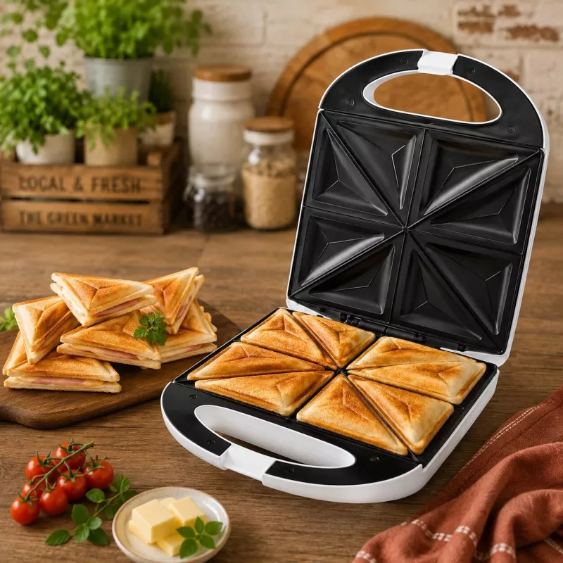 Brock SSM 3008 WH Sandwichera XXL de 8 bocadillos, 1400W, Placas triangulares antiadherentes, Mango frío, Cierre de seguridad, Almacenamiento vertical, Blanco