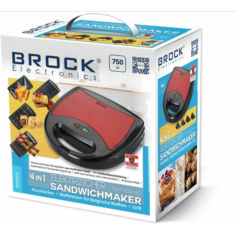 Brock SSM 6004 RD Sandwichera/gofrera/máquina de frutos secos y parrilla 4 en 1 750 W, Rojo