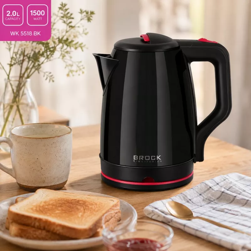Brock WK 5518 BK Hervidor eléctrico 2,0L 1500W negro con base inalámbrica 360°