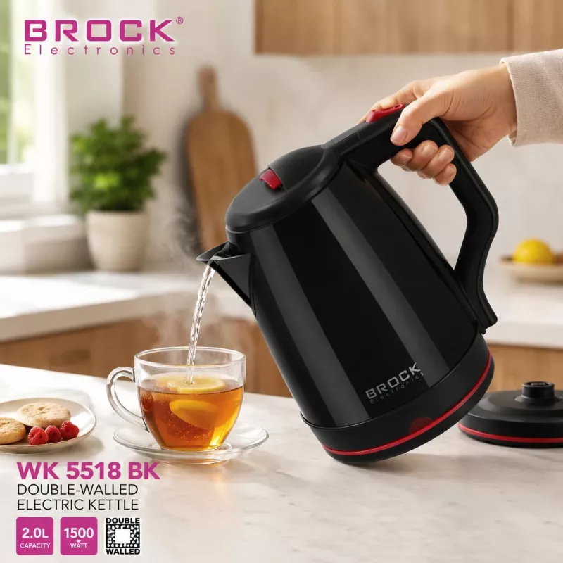 Brock WK 5518 BK Hervidor eléctrico 2,0L 1500W negro con base inalámbrica 360°