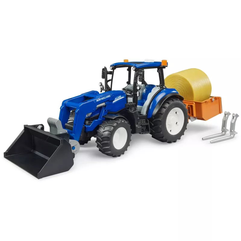 Tractor BRUDER New Holland T5.120 con cargador frontal, caja de carga y horquillas 1:16