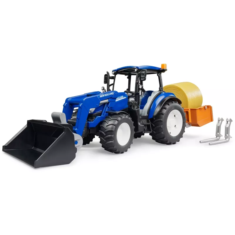 Tractor BRUDER New Holland T5.120 con cargador frontal, caja de carga y horquillas 1:16