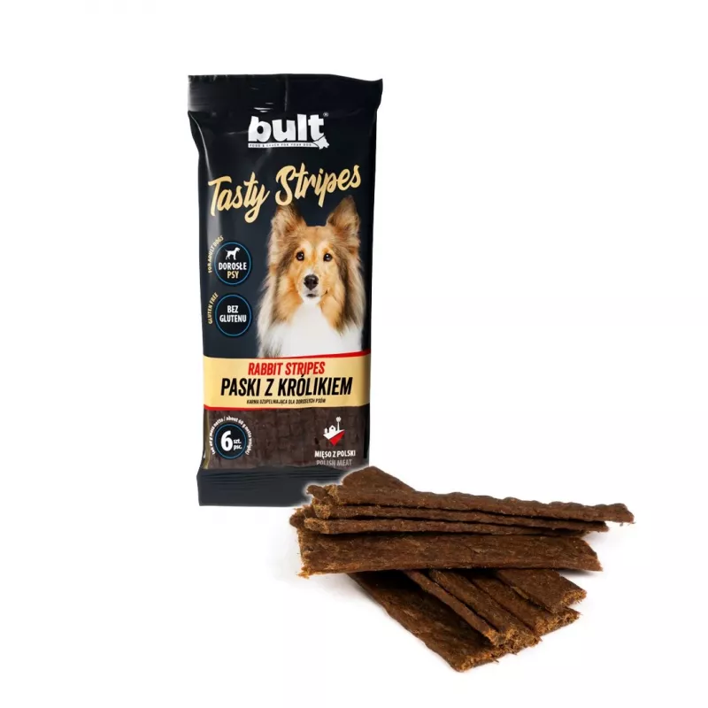 BULT Tasty Stripes Conejo Snacks para perros – Recompensas de entrenamiento sin cereales, 6 uds. (60 g)