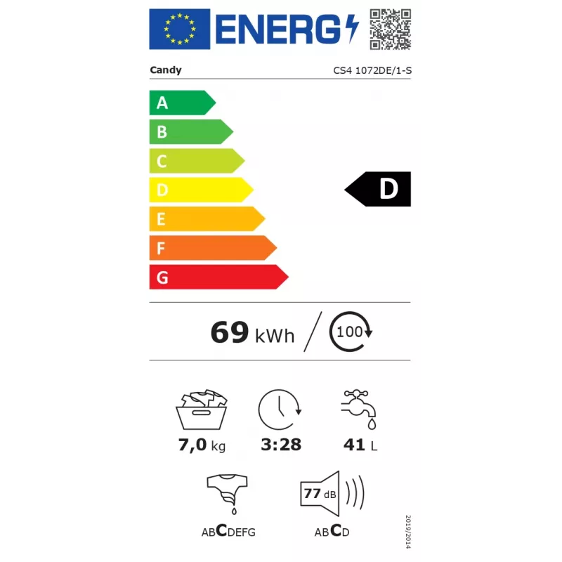 Lavadora de carga frontal Candy CS4 1072DE/1-S - 7 kg, 1000 rpm, clase energética D, Blanco