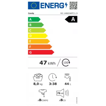 Lavadora Candy RO 1486DWMT/1-S, A, carga frontal, capacidad 8 kg, profundidad 54 cm, 1400 rpm, Blanco