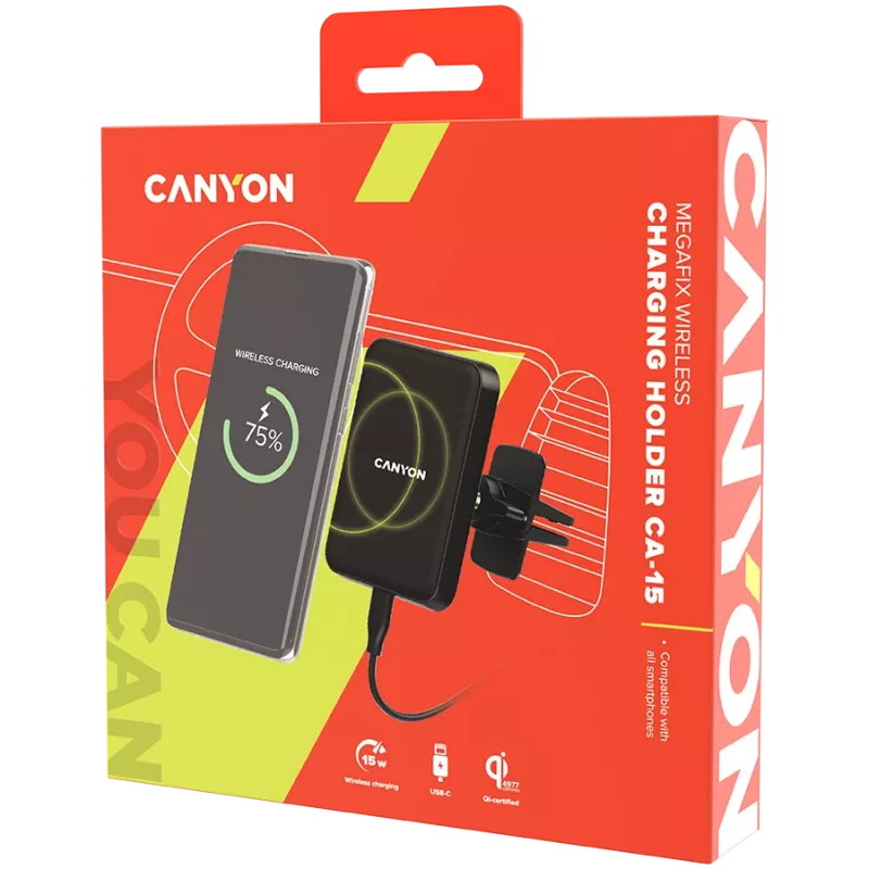 CANYON CH-15 Soporte para coche y cargador inalámbrico MegaFix, 15W, USB-C, negro